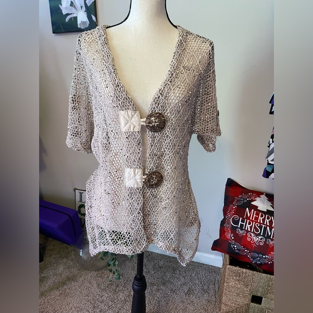 Kaktus Boho Open Weave Cardigan Crochet Knit Sz S in gently used cond